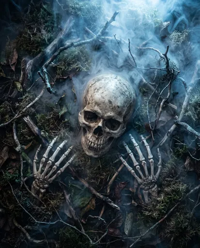 Skull and Skeletal Hands in Foggy Moss