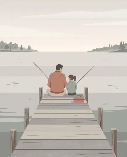 Father and Daughter Fishing on Wooden Pier