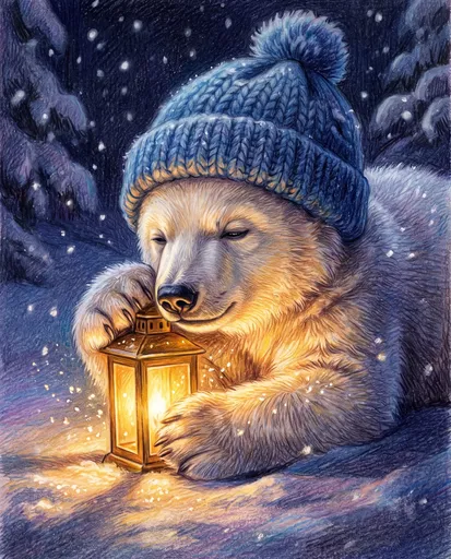 Sleepy Polar Bear Cub with Lantern