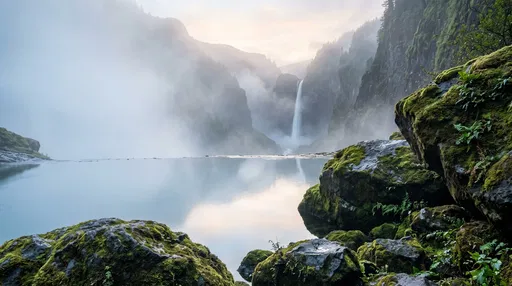 Misty Canyon Waterfall and Mossy Boulders