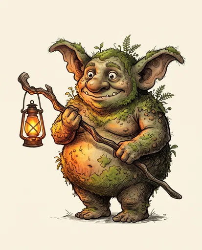 Illustrated Mossy Troll Holding Glowing Lantern