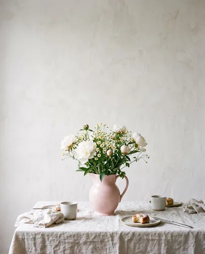 Pink Pitcher with Peonies on Breakfast Table