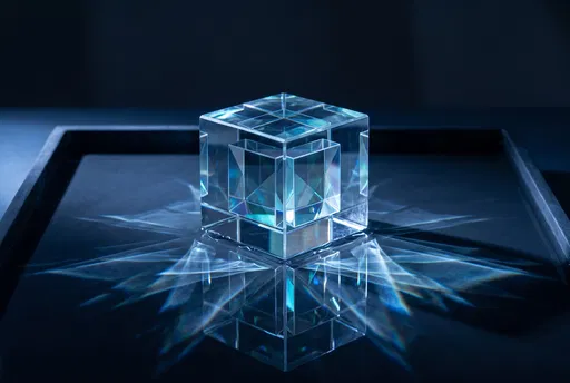 Geometric Glass Cube With Blue Refractions