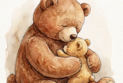 Watercolor Mother Teddy Bear Hugging Cub