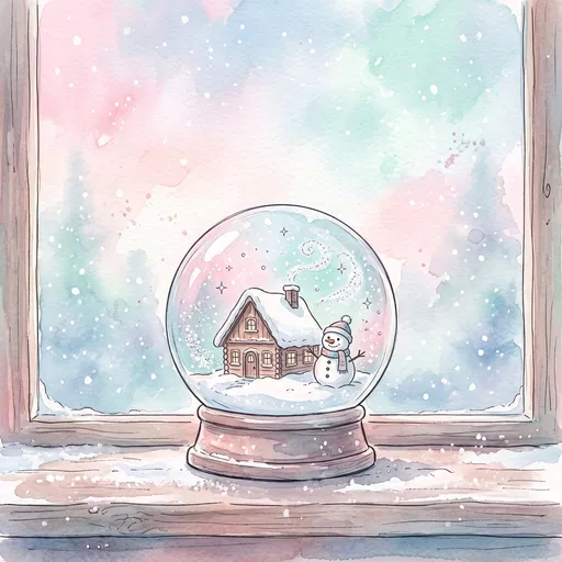Pastel Watercolor Christmas Snow Globe on Windowsill