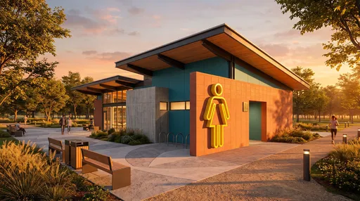 Modern Park Pavilion With Restroom Sign