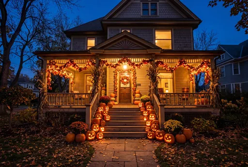 Historic Porch Decorated for Halloween at Dusk