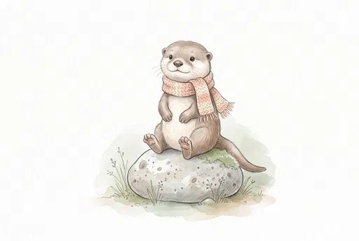 Watercolor Otter Wearing Knitted Scarf