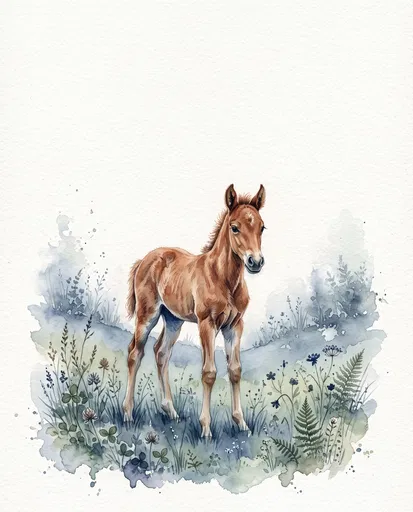 Watercolor Chestnut Foal in Meadow