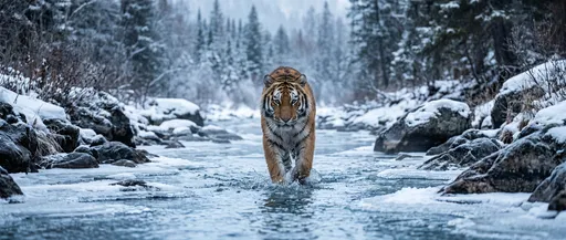 Siberian Tiger Wading in Snowy Stream