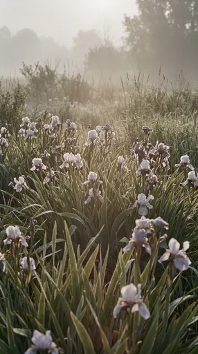 Pale Iris Flowers in Misty Meadow