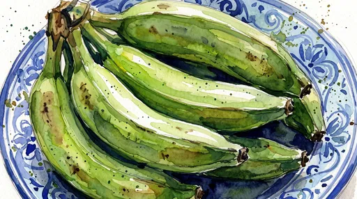 Watercolor Green Plantains on Blue Platter
