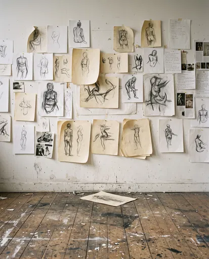 Artist Studio Wall With Charcoal Figure Sketches