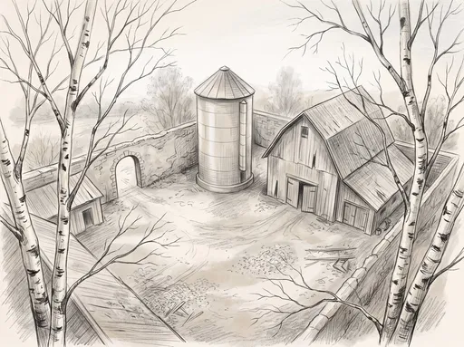 Graphite Sketch of Walled Farm Courtyard