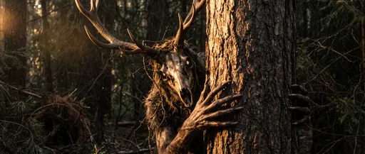 Antlered Wendigo Creature Peering Behind Pine Tree