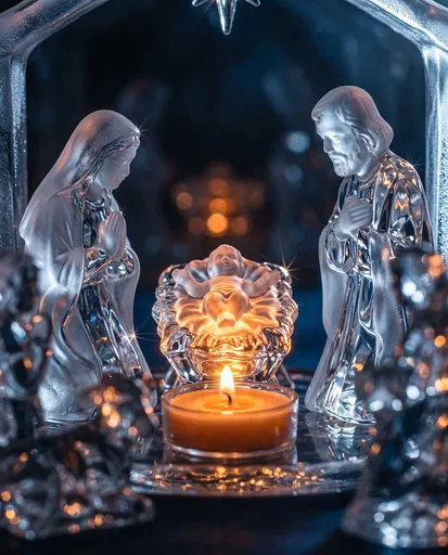 Frosted Glass Nativity Scene With Candlelight