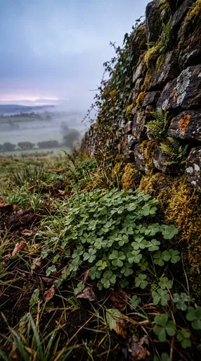 Wild Shamrocks Beside Mossy Irish Stone Wall