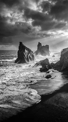 Dramatic Monochrome Black Sand Coastline