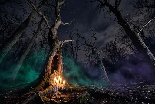 Glowing Candles Under Hollow Tree at Night