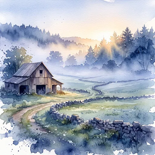 Watercolor Morning Farmland with Rustic Barn