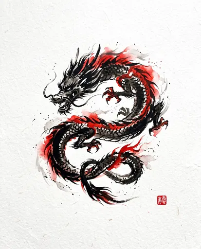 Sumi-e Black and Red Dragon Illustration