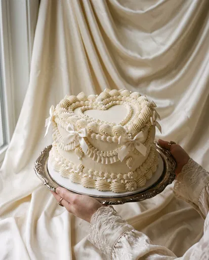 Vintage Ivory Heart Cake on Silver Tray
