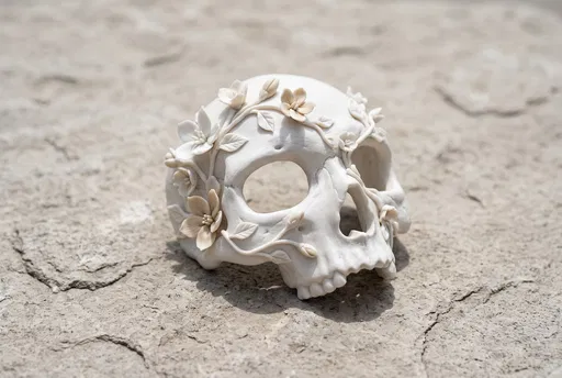 White Ceramic Floral Skull on Stone