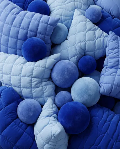 Blue Quilted Cushions and Velvet Spheres