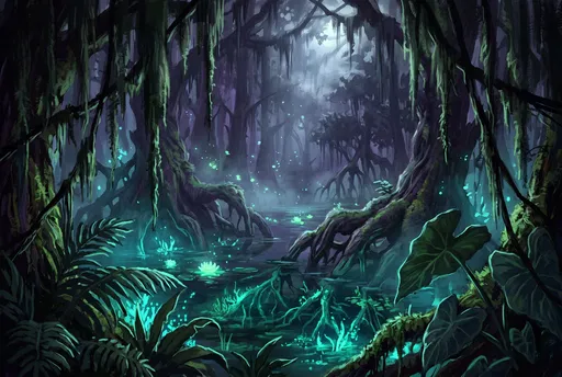 Enchanted Bioluminescent Swamp Concept Art