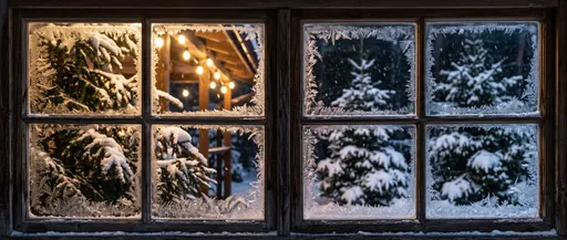Frosty Wooden Window Overlooking Snowy Night
