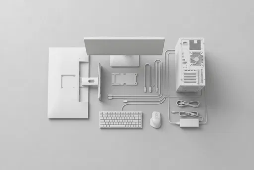 White Desktop Computer Hardware Knolling Flat Lay