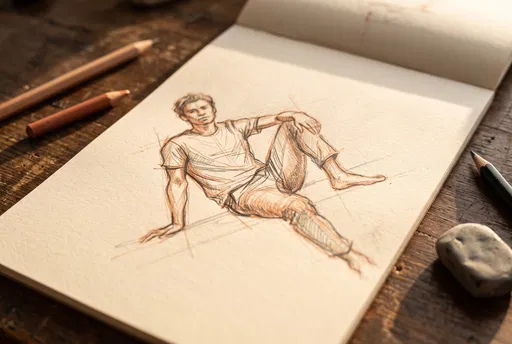Sunlit Figure Study Sketchbook on Desk