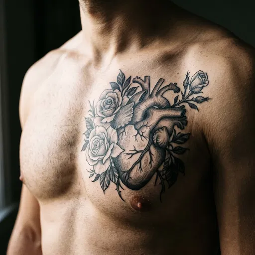 Anatomical Heart and Roses Chest Tattoo