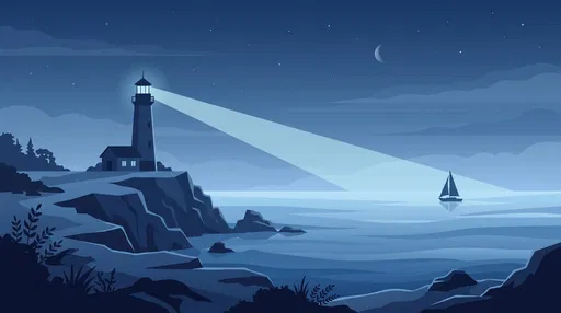 Blue Night Lighthouse and Sailboat Illustration