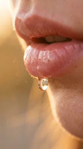 Macro Water Droplet on Sunlit Lips