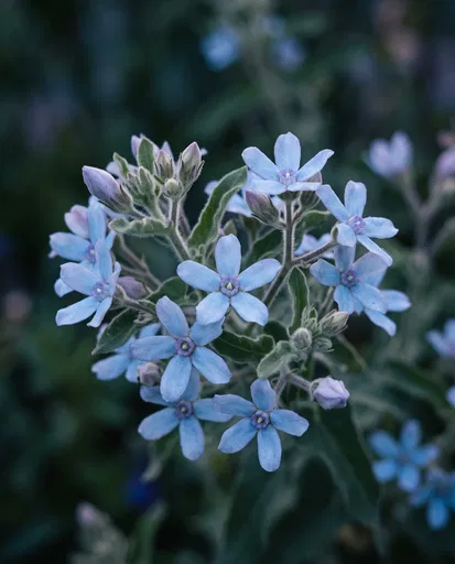 Delicate Blue Tweedia Flowers in Twilight