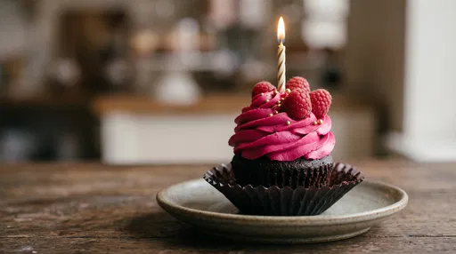 Birthday Cupcake With Magenta Frosting and Candle