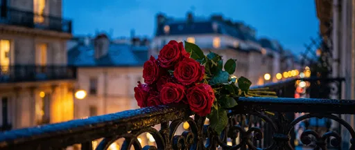 Red Roses on Parisian Balcony at Dusk