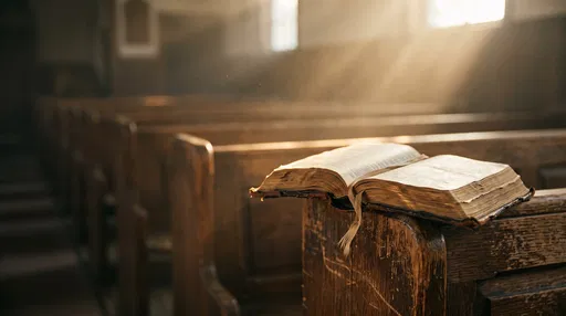 Open Vintage Bible on Wooden Church Pew