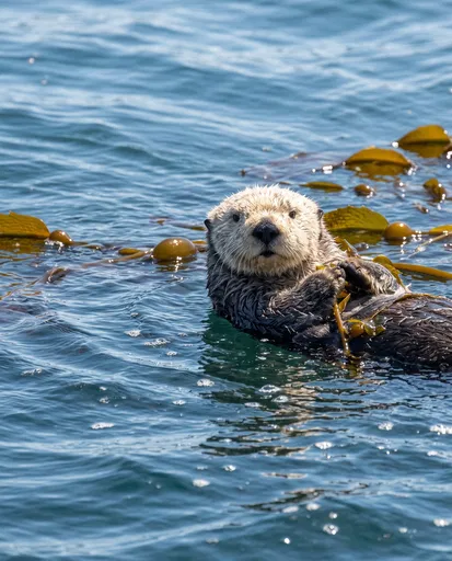 Sea Otter Floating in Kelp Forest