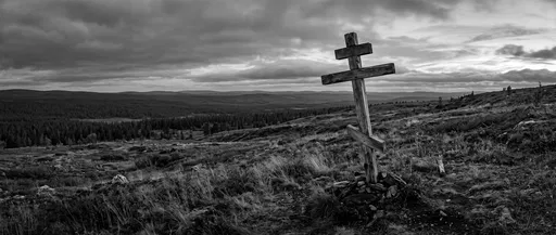 Wooden Orthodox Cross on Moody Hillside