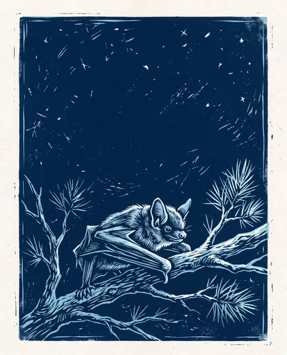Blue Linocut Bat on Pine Branch