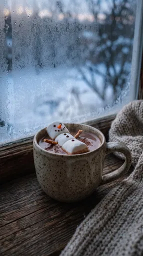 Hot Cocoa With Marshmallow Snowman by Window