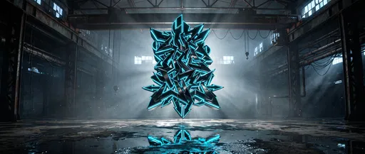 Floating Neon Graffiti Sculpture in Warehouse
