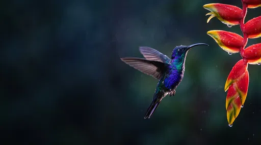 Hummingbird Hovering Near Wet Heliconia Flower