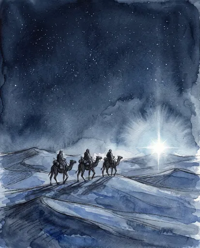 Watercolor Three Wise Men Following Star