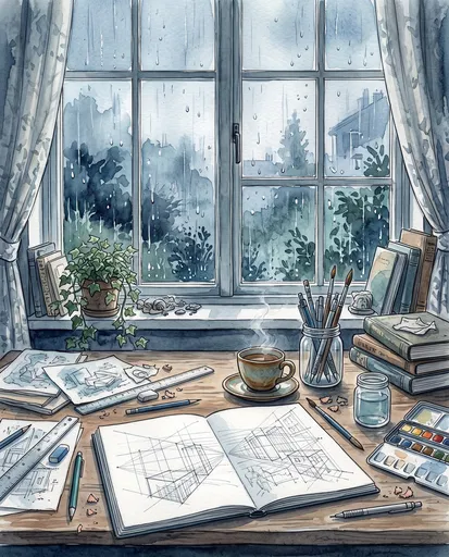 Watercolor Rainy Window Artist Desk Scene