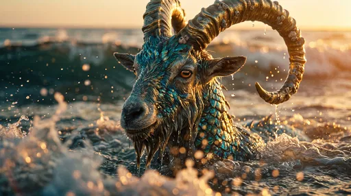 Mythical Sea Goat in Sunset Ocean