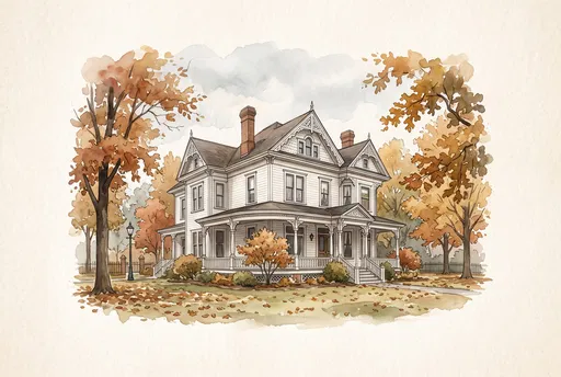Watercolor Victorian House in Autumn