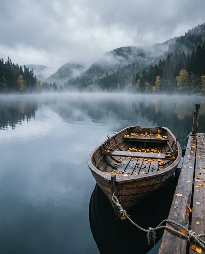 Wooden Rowboat on Misty Autumn Lake